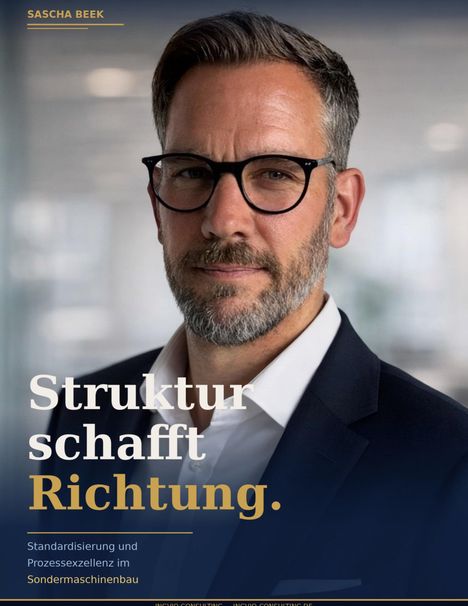Sascha Beek. Struktur schafft Richtung. Standardisierung und Prozessexzellenz im Sondermaschinenbau. Mann mit Brille im Anzug.