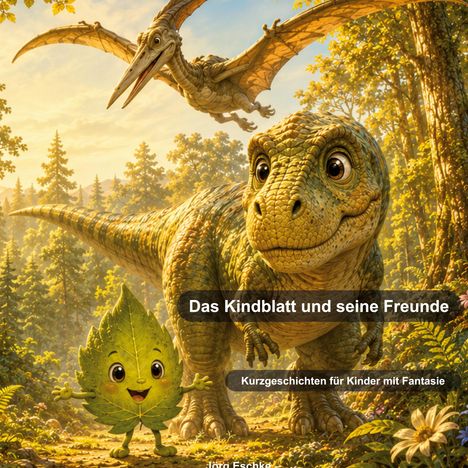 "Das Kindblatt und seine Freunde. Kurzgeschichten für Kinder mit Fantasie." Fröhliches Blatt-Gesicht, Dinosaurier und Flugsaurier.