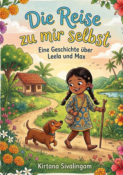 „Die Reise zu mir selbst. Eine Geschichte über Leela und Max.“ Leela und ein Hund spazieren freudig durch eine blühende Landschaft.