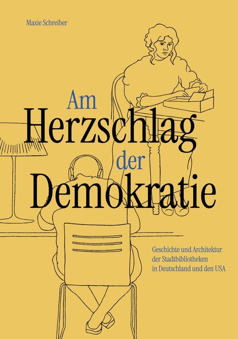 "Am Herzschlag der Demokratie", Linie zeigt Personen in Bibliotheksszene. Links eine Tischlampe, rechts Person mit Büchern.