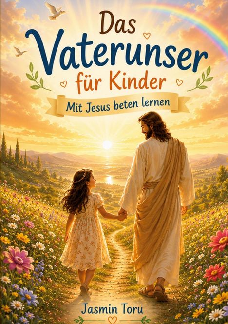 "Das Vaterunser für Kinder. Mit Jesus beten lernen. Jasmin Toru." Illustration: Jesus hält ein Mädchen an der Hand auf einem Blumenweg.
