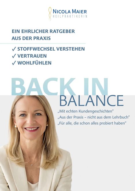 "Back in Balance" oben. Frau mit blonden Haaren lächelt. Text: Ehrlicher Ratgeber, Stoffwechsel, Vertrauen, Wohlfühlen.
