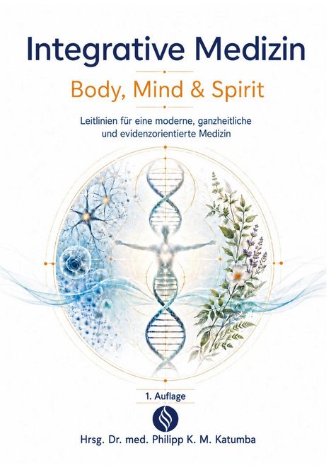 „Integrative Medizin: Body, Mind & Spirit“. Links neuronale Strukturen, rechts Pflanzen, in der Mitte eine DNA-Helix.