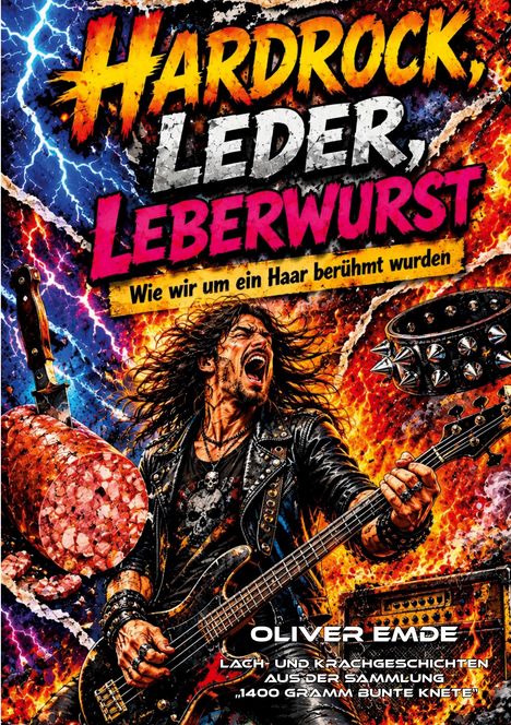 "Hardrock, Leder, Leberwurst" in großen Buchstaben. Ein Rockmusiker in Leder, Gitarre spielend, mit Blitzen und Feuer.