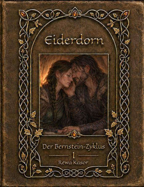 „Eidernorn.” „Der Bernstein-Zyklus 1.” „Rewa Kasor.” Umrahmung mit goldenen Ornamenten. Ein Paar lehnt sich liebevoll aneinander.