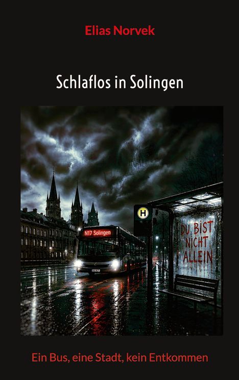 Buchtitel: "Schlaflos in Solingen". Ein Bus mit "N17 Solingen" fährt durch eine dunkle, regnerische Stadt.