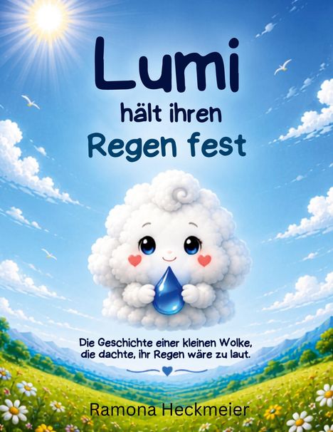 "Lumi hält ihren Regen fest" ist der Titel. Illustration: Eine fröhliche Wolke hält einen Regentropfen unter strahlendem Himmel.