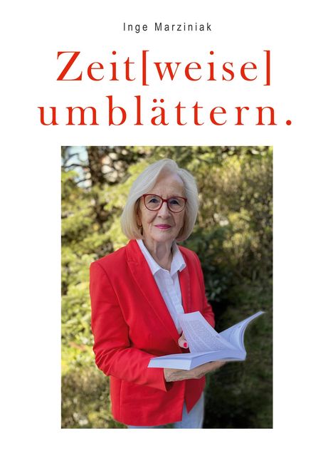 Text: "Inge Marziniak" oben, "Zeit[weise] umblättern." groß in der Mitte. Eine Frau im roten Blazer hält ein Buch.