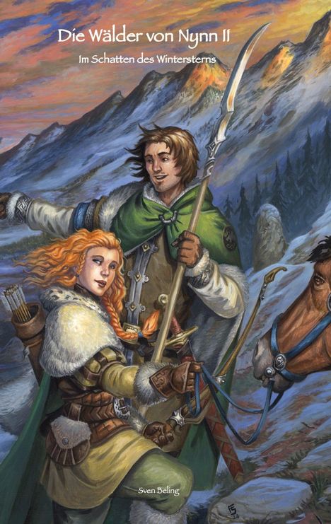 "Die Wälder von Nynn II: Im Schatten des Wintersterns" zeigt zwei Abenteurer vor einer winterlichen Bergkulisse.