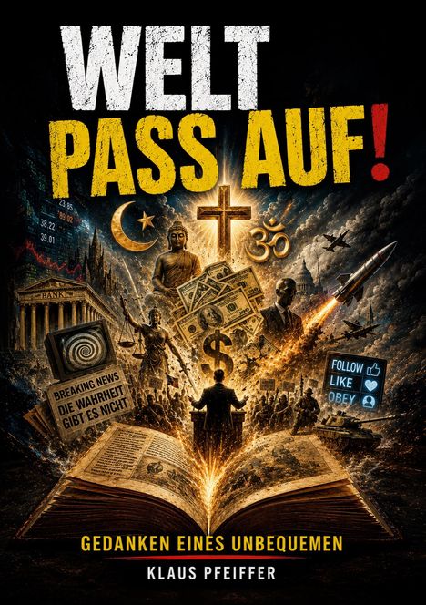 "WELT PASS AUF!", Buch mit flammenden Seiten, religiöse Symbole, Statue, Panzer, Rakete, und Menschenmengen.