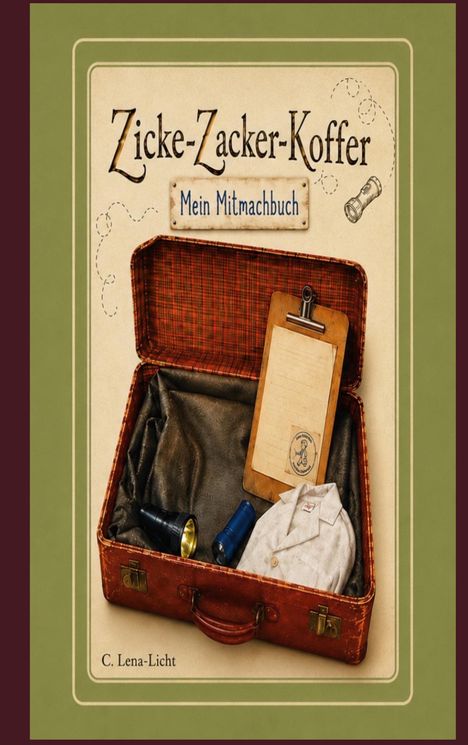 "Zicke-Zacker-Koffer: Mein Mitmachbuch." Geöffneter Koffer mit Taschenlampe, Klemmbrett, Hemd. Illustratives Design.