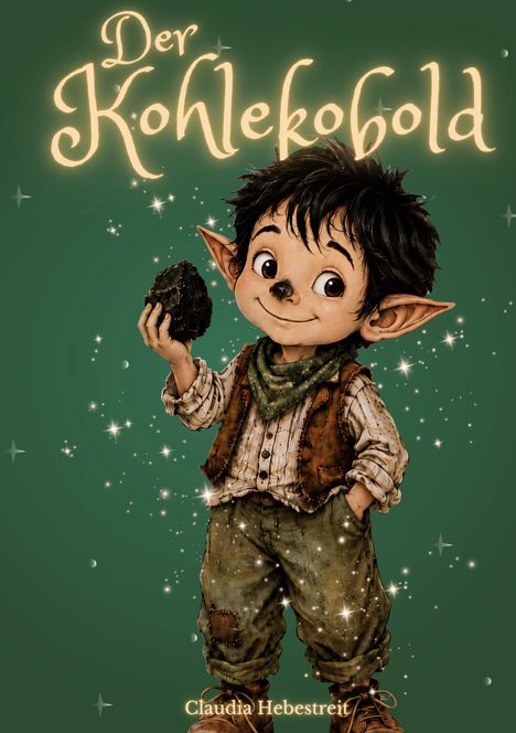 „Der Kohlekobold“ und „Claudia Hebestreit“. Illustration eines lächelnden Kobolds mit Kohle in der Hand, umgeben von Funken.