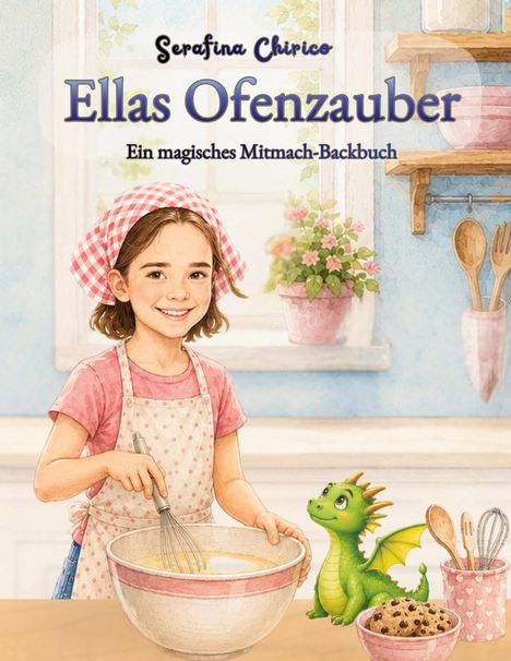 „Ellas Ofenzauber: Ein magisches Mitmach-Backbuch“. Ein Mädchen rührt, ein kleiner grüner Drache sitzt daneben.