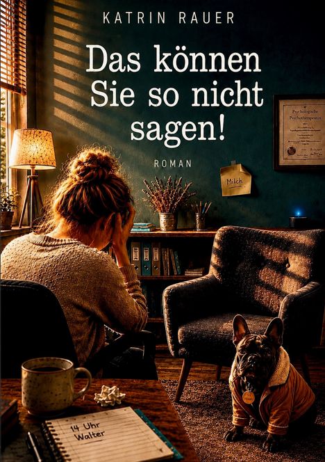 „Katrin Rauer. Das können Sie so nicht sagen! ROMAN.“ Frau mit Händen im Gesicht, sitzend gegenüber einem Hund.