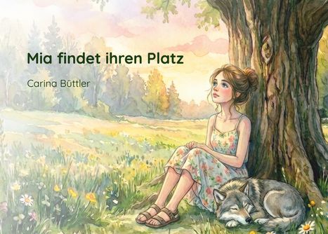Titel: "Mia findet ihren Platz". Name: Carina Büttler. Illustration: Mädchen sitzt am Baum, Wolf schläft neben ihr.