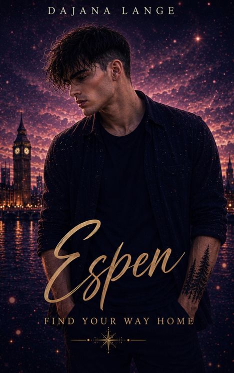 "Dajana Lange", "Espen", "Find Your Way Home". Ein junger Mann steht vor einer beleuchteten Stadtlandschaft bei Nacht.