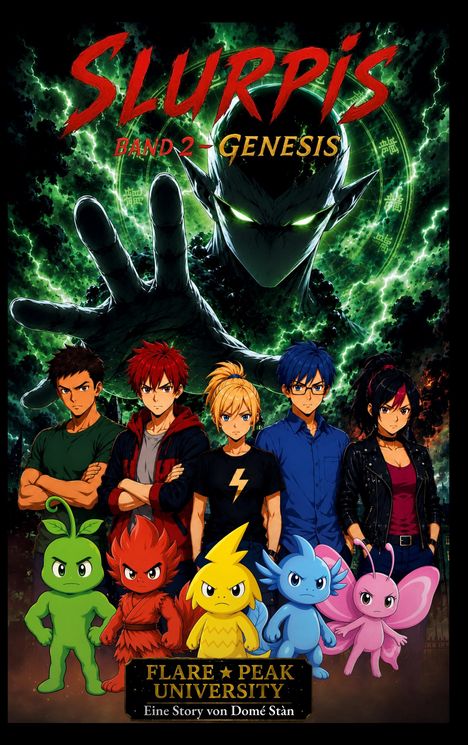 "Slurpis Band 2: Genesis" steht oben. Unten: "Flare Peak University, Eine Story von Domé Stan". Charaktere vor grünem Hintergrund.