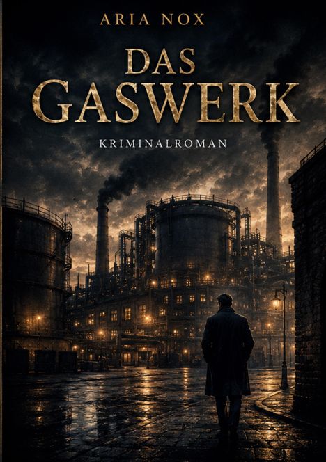 "ARIA NOX", "DAS GASWERK", "KRIMINALROMAN". Eine düstere Fabriklandschaft bei Nacht, eine Person im Vordergrund.