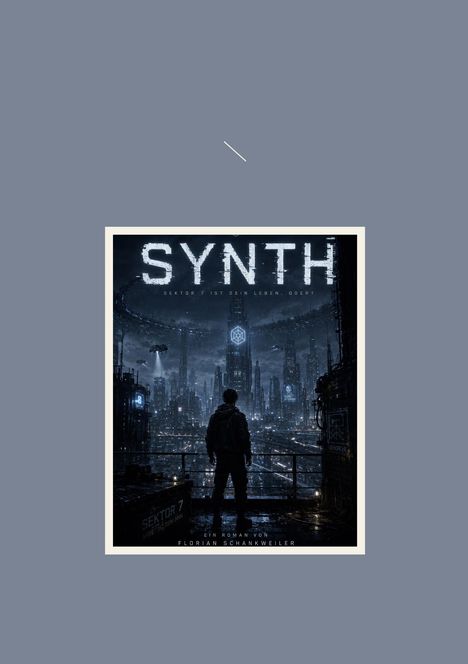 "SYNTHE", darunter "Sektor 7 ist dein Leben, oder?", Silhouette einer Person vor futuristischer Stadt bei Nacht.