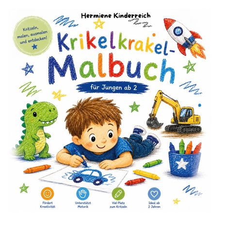 Krikelkrakel-Malbuch. Ein Junge malt mit Stiften, begleitet von einem Dinosaurier und einem Spielzeugbagger.
