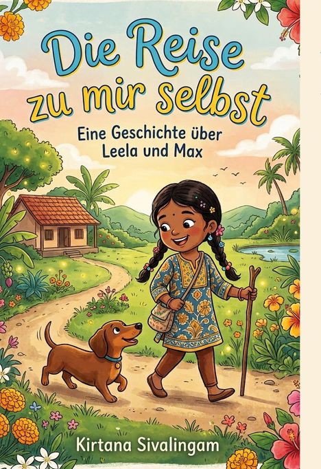 „Die Reise zu mir selbst. Eine Geschichte über Leela und Max“ von Kirtana Sivalingam. Illustration mit Mädchen und Hund.