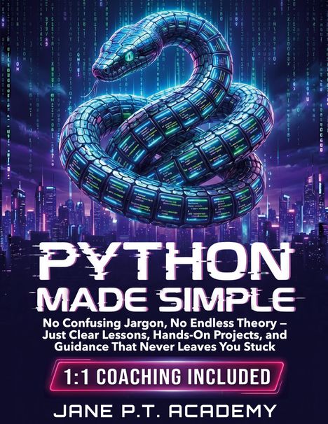 „PYTHON MADE SIMPLE“, 1:1-Coaching, Jane P.T. Academy. Illustration einer futuristischen Schlange mit Stadt im Hintergrund.