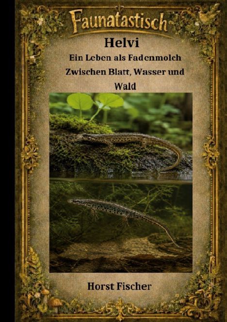 "Faunatastisch: Helvi. Ein Leben als Fadenmolch zwischen Blatt, Wasser und Wald. Horst Fischer." Rahmengestaltung mit Naturmotiven.