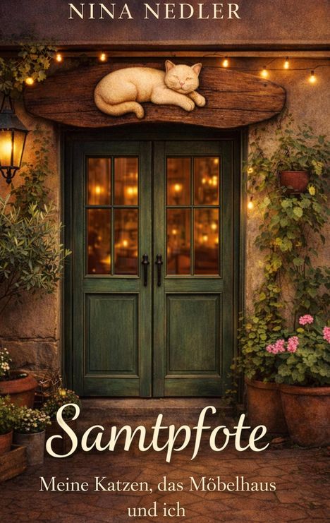 "Samtpfote: Meine Katzen, das Möbelhaus und ich" von Nina Nedler. Grüne Tür mit Lichtern, Katze auf Holzbalken. Pflanzen vorhanden.