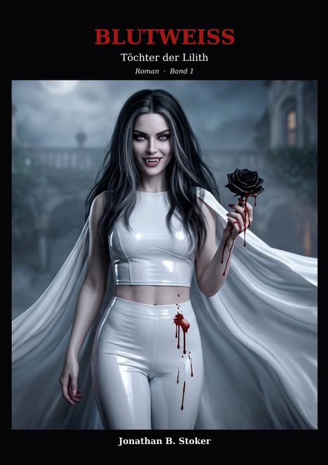 BLUTWEISS - Töchter der Lilith. Roman Band 1. Eine Frau in Weiß hält eine schwarze, tropfende Rose.