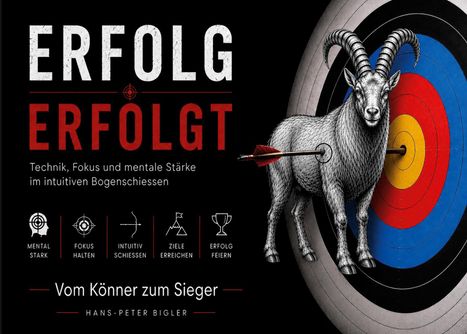 ERFOLG ERFOLGT: Technik, Fokus und mentale Stärke. Illustration: Steinbock mit Pfeil auf Zielscheibe.