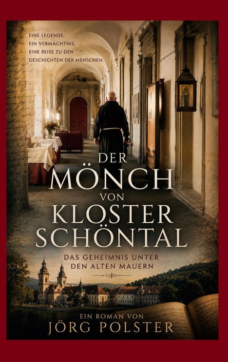 "Der Mönch von Kloster Schöntal" - Ein Mönch in einem Klosterflur, Blick auf historische Architektur und ein offenes Buch.