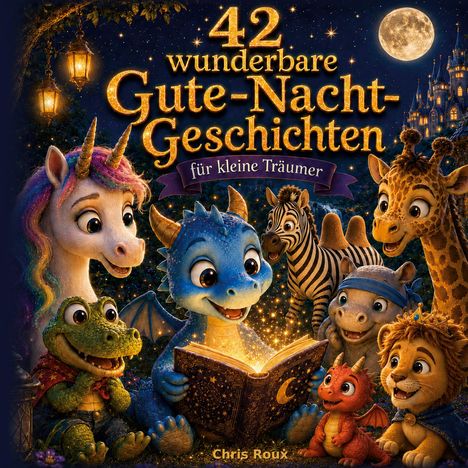 "42 wunderbare Gute-Nacht-Geschichten für kleine Träumer" zeigt ein Einhorn, einen Drachen und andere Tiere, die ein Buch lesen.