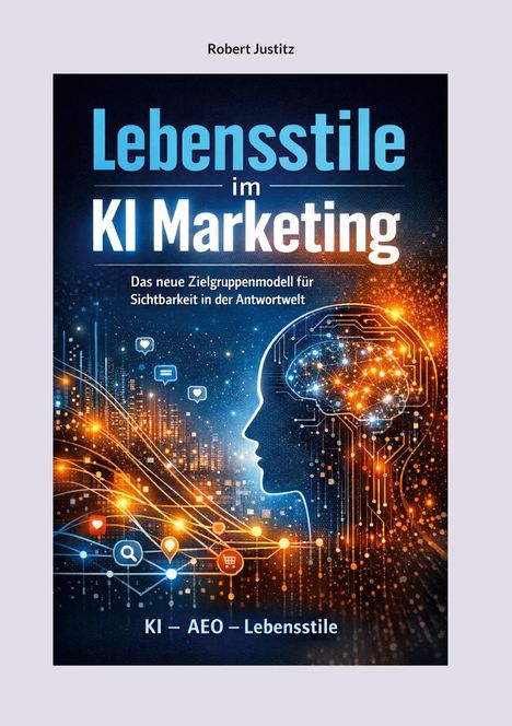 Titel: "Lebensstile im KI Marketing". Ein digitales Profil mit vernetzen Gehirn-Elementen und verschiedenen Icons.