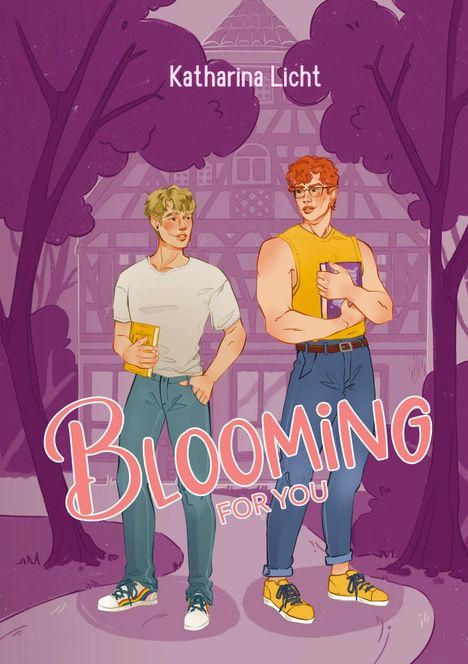 Der Text "Katharina Licht" oben und "Blooming for You" unten. Zwei junge Menschen im Vordergrund, umgeben von lila Bäumen.