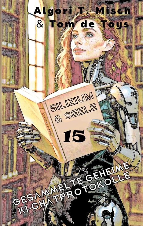 "Silizium & Seele 15, Gesammelte geheime KI-Chatprotokolle." Eine androide Frau mit Buch in einer Bibliothek.