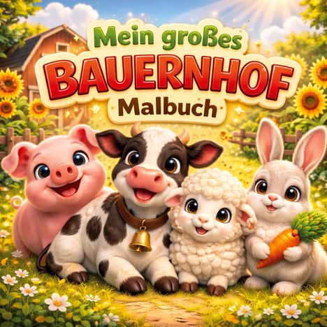 "Mein großes Bauernhof Malbuch". Illustration von fröhlichem Schwein, Kuh, Schaf und Hase mit Karotte, umgeben von Sonnenblumen.