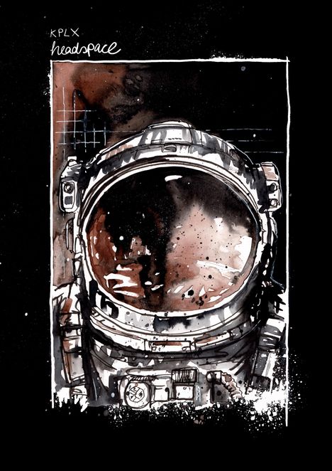 Text: "KPLX headspace". Aquarell eines Astronautenhelms im Weltraum, dunkel und mystisch gestaltet.