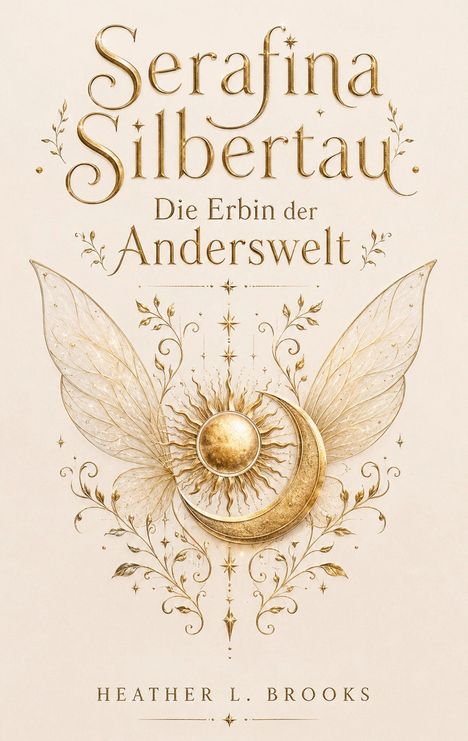 „Serafina Silbertau: Die Erbin der Anderswelt.“ Eine goldene, verzaubernde Illustration mit Flügeln, Sonne und Mond.