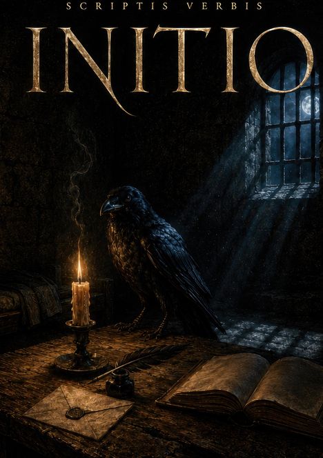 „SCRIPTIS VERBIS INITIO“ steht oben. Ein Rabe, eine Kerze, ein Federkiel, Brief und Buch auf einem Tisch in einem dunklen Raum.
