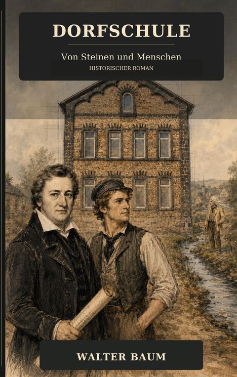 „DORFSCHULE“, „Von Steinen und Menschen“, „Historischer Roman“, „WALTER BAUM“. Zwei Männer vor einem Backsteinhaus.