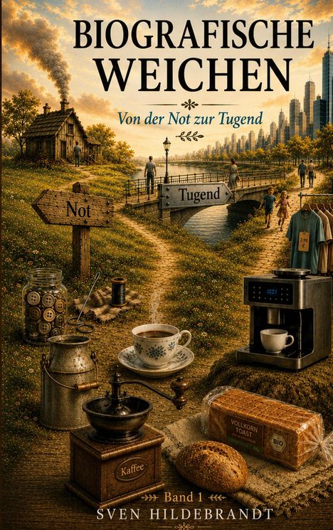 Text: „Biografische Weichen. Von der Not zur Tugend. Not, Tugend, 3.99 €, Vollkorn Toast, BIO, Band 1, Sven Hildebrandt.“  
Illustration eines Weges, der von ärmlichen zu wohlhabenden Szenen führt.
