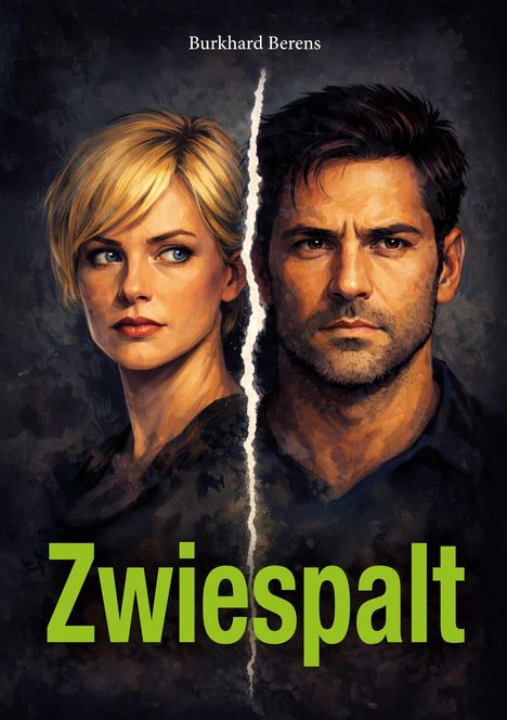 Text: "Burkhard Berens"; "Zwiespalt". Illustration zweier Gesichtshälften, Frau links, Mann rechts, durch Spalt getrennt.