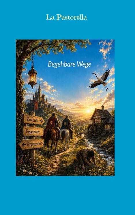 Text: "La Pastorella", "Begehbare Wege", "Zukunft", "Gegenwart", "Vergangenheit". Landschaft mit Rittern, Schloss, Wegweiser.