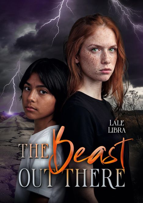 Titel: "The Beast Out There". Namen: Lale Libra. Zwei Personen vor stürmischem Himmel mit Blitzen.