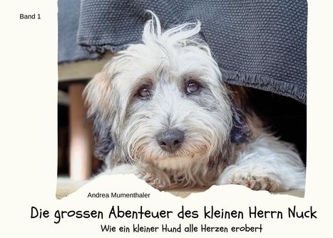 "Band 1. Andrea Mumenthaler. Die grossen Abenteuer des kleinen Herrn Nuck. Wie ein kleiner Hund alle Herzen erobert." Ein Hund blickt unter einer Decke hervor.