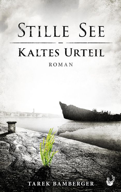 "Stille See: Kaltes Urteil. Roman von Tarek Bamberger. Ein verlassenes Schiff an einer grauen Küste mit etwas Gras."