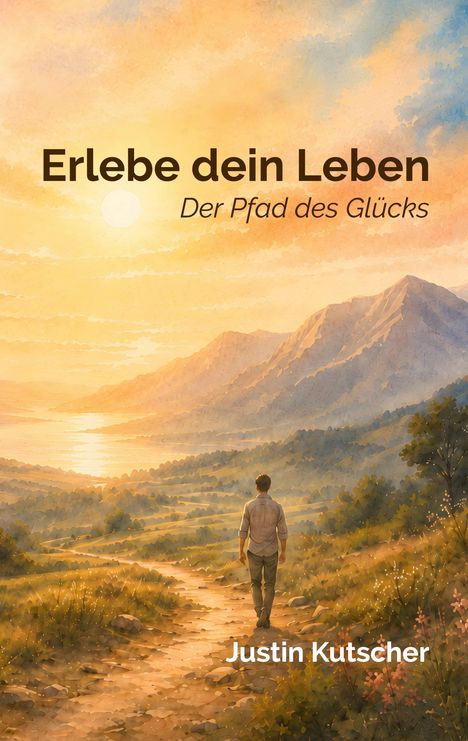 "Erlebe dein Leben. Der Pfad des Glücks. Justin Kutscher." Illustration eines Mannes auf einem Pfad bei Sonnenuntergang.