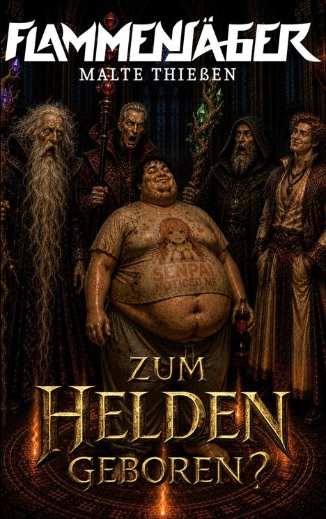 "Flammenjäger", "Malte Thießen", "Zum Helden geboren?". Fünf Figuren in Fantasy-Roben, zentrale Person voluminös mit T-Shirt.