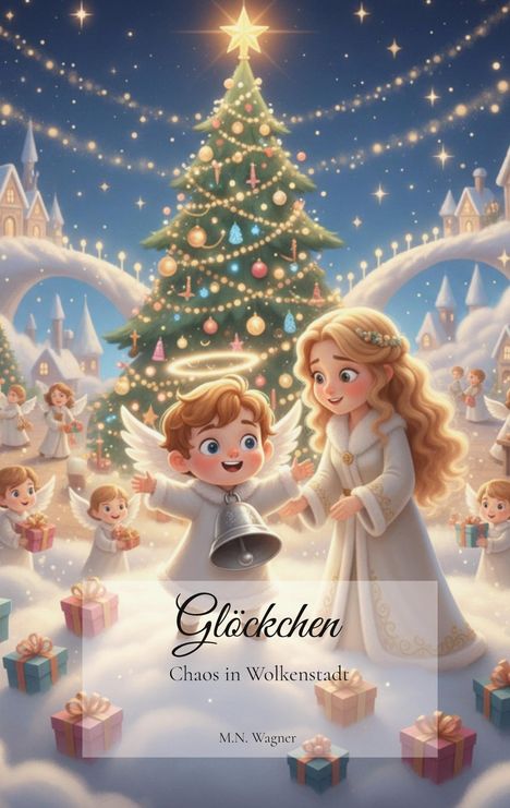 „Glöckchen: Chaos in Wolkenstadt“, M.N. Wagner. Eine festliche Illustration mit Engelkindern, Geschenken und Weihnachtsbaum.