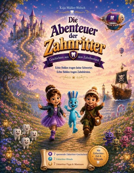 "Die Abenteuer der Zahnritter", Schloss, Zahnfee, freundliche Charaktere, Luftschiff, Piratenschiff, Zahn-Themen, Märchenwelt.